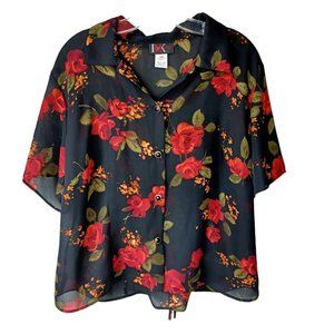 R&K Originals Black Floral Semi-Sheer Blouse Size 14W